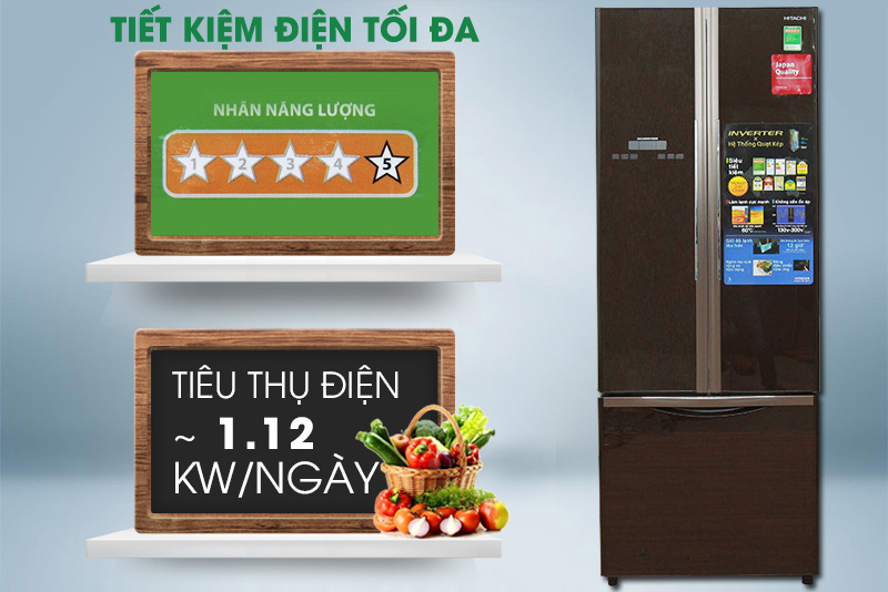 Nhờ đó, tủ lạnh Hitachi R-WB475PGV2 sẽ tiêu thụ khoảng 1.12 kW điện mỗi ngày Nhờ đó, tủ lạnh Hitachi R-WB475PGV2 sẽ tiêu thụ khoảng 1.12 kW điện mỗi ngày