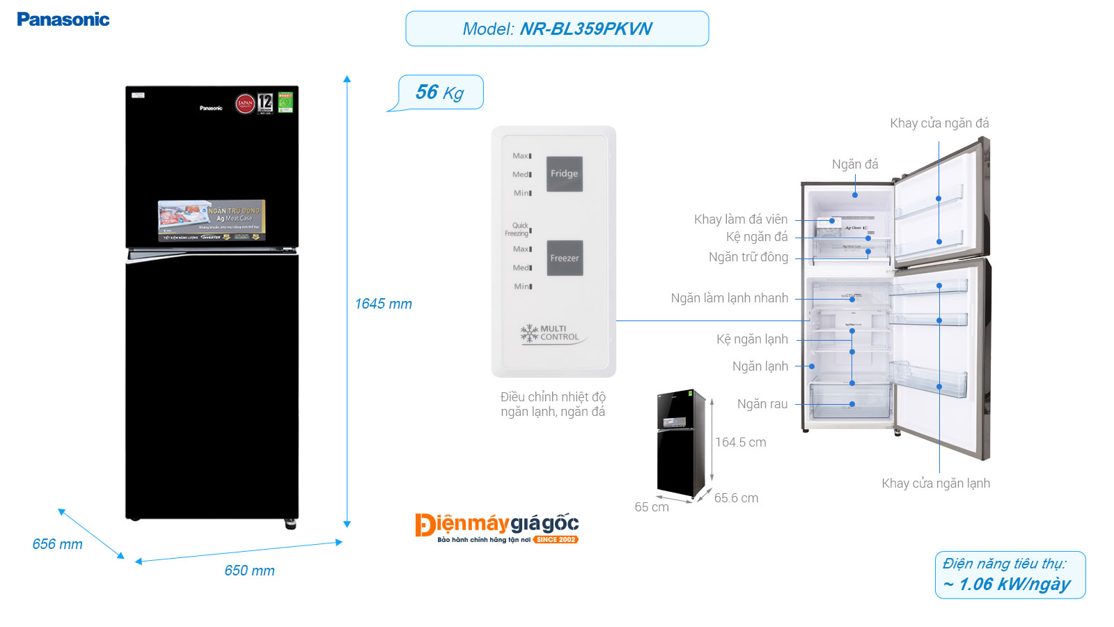 Tủ lạnh Panasonic ngăn đá trên 2 cửa Inverter 326 lít NR-BL359PKVN