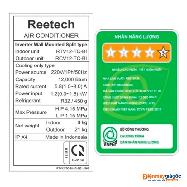 Máy lạnh Reetech RTV12-TC-BI Inverter 1.5 HP (1.5 Ngựa)