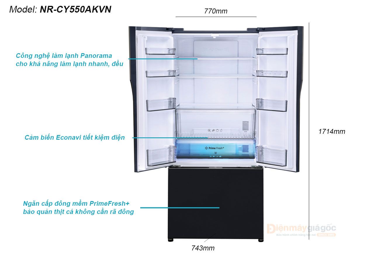 Tủ lạnh Panasonic ngăn đá dưới 3 cửa Inverter 494 lít NR-CY550AKVN