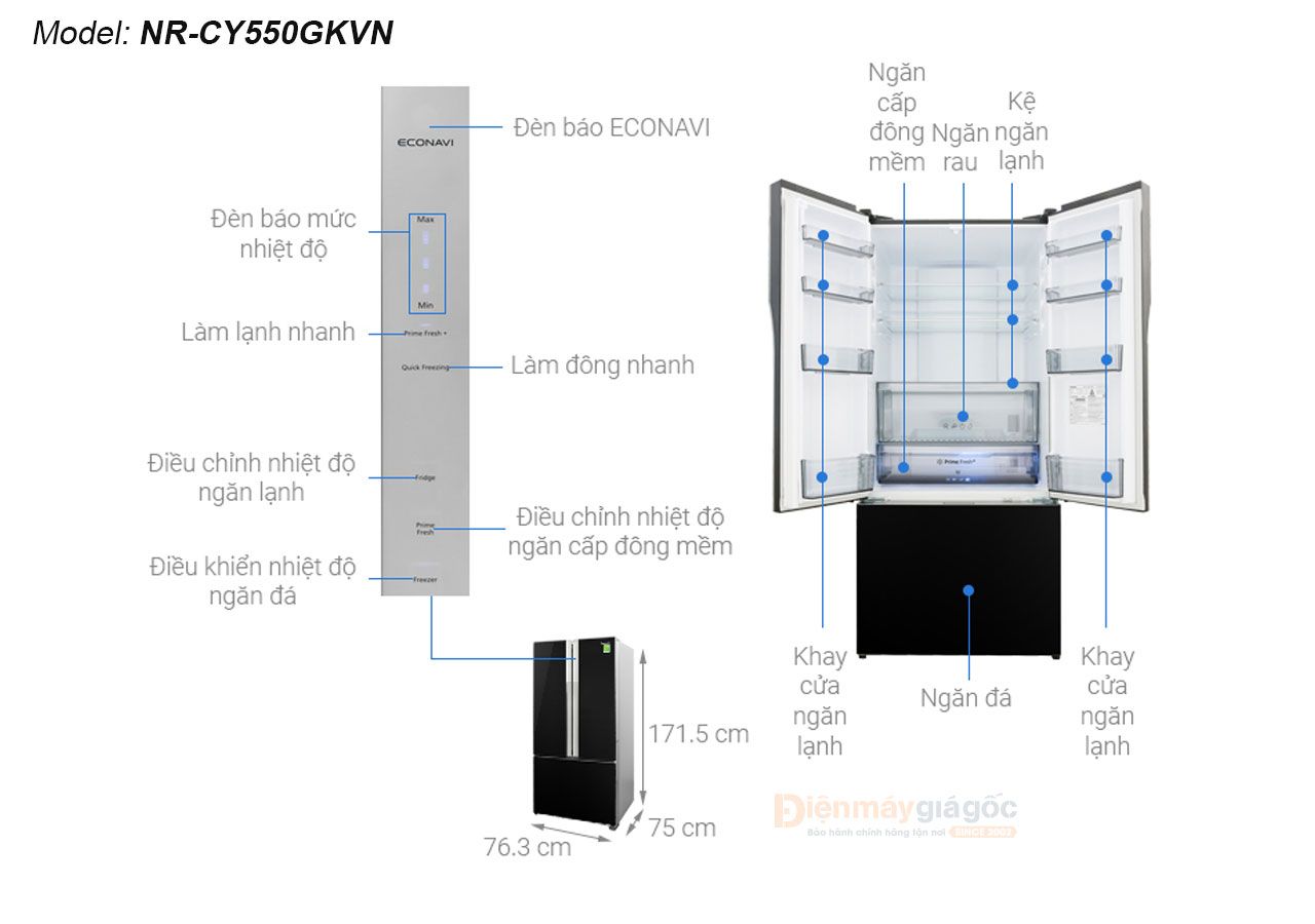 Tủ lạnh Panasonic ngăn đá dưới 3 cửa Inverter 494 lít NR-CY550GKVN