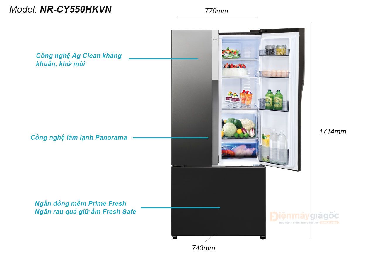 Tủ lạnh Panasonic ngăn đá dưới 3 cửa Inverter 494 lít NR-CY550HKVN