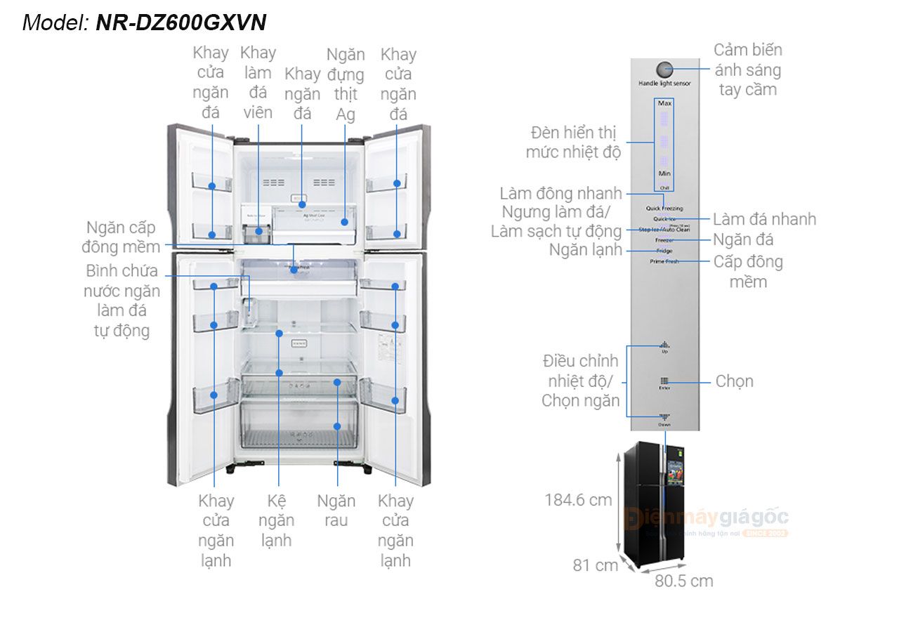 Tủ lạnh Panasonic Multi Door 4 cửa Inverter 550 lít NR-DZ600GXVN