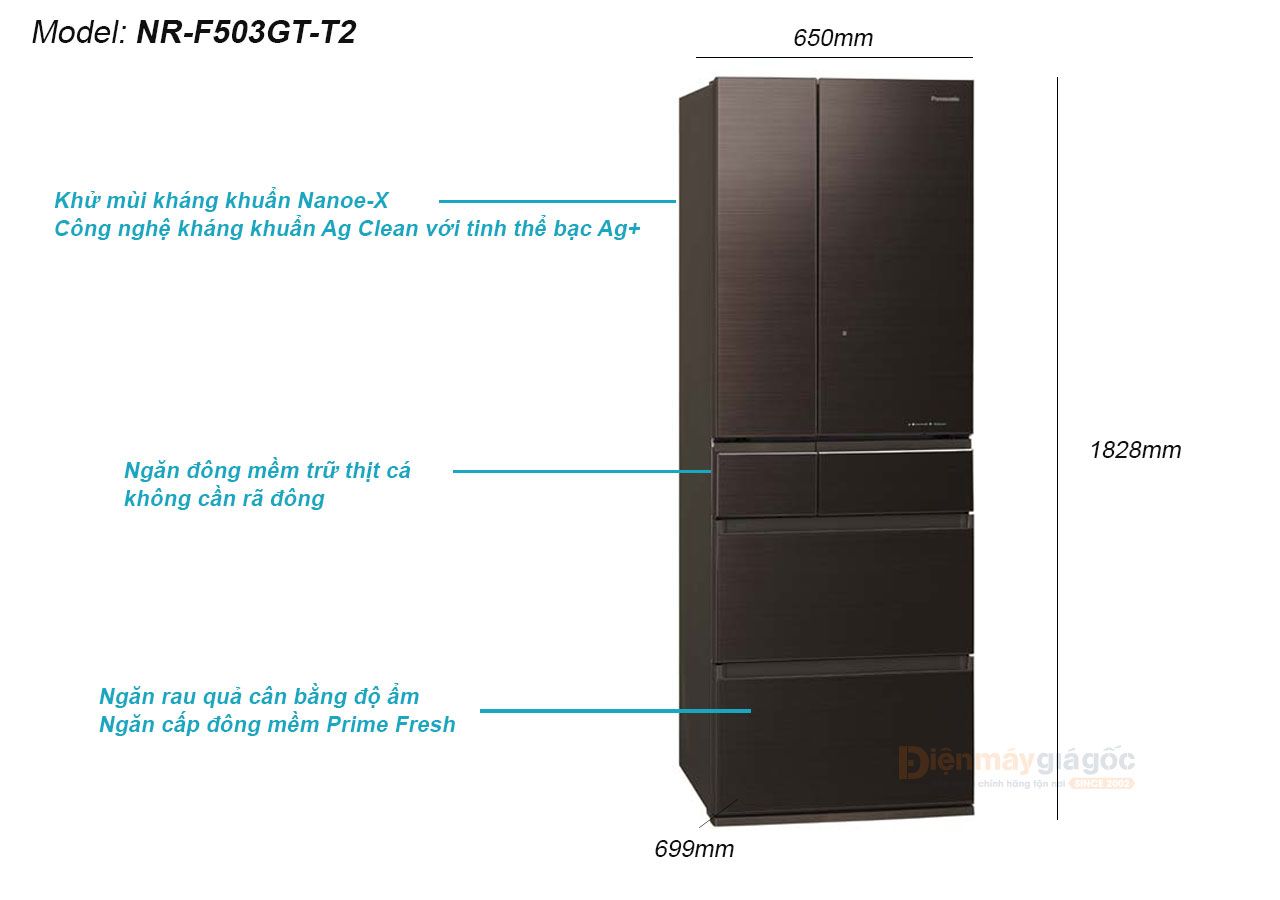 Tủ lạnh Panasonic Multi Doors 6 cửa Inverter 491 lít NR-F503GT-T2