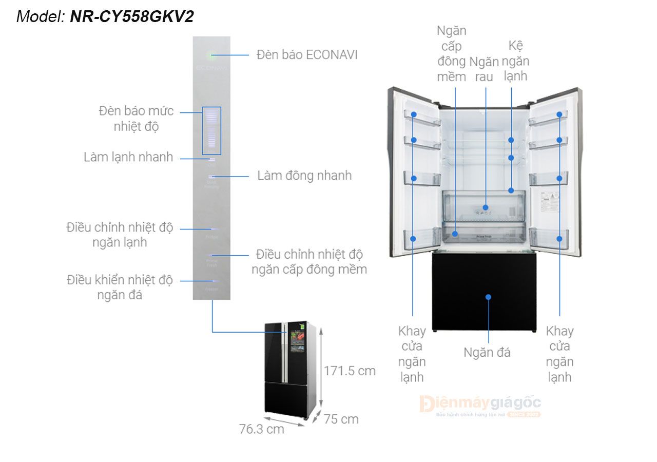 Tủ lạnh Panasonic ngăn đá dưới 3 cửa Inverter 491 lít NR-CY558GKV2