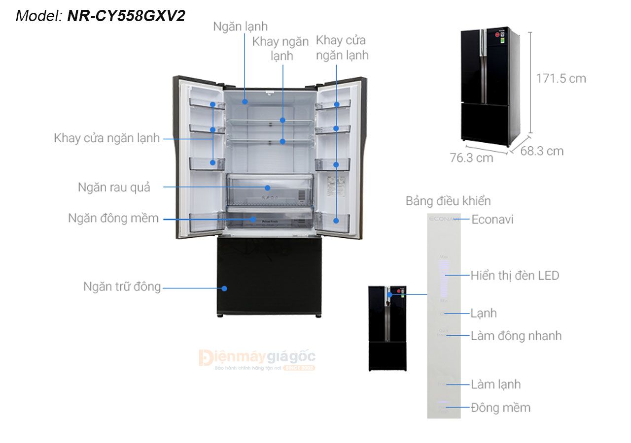 Tủ lạnh Panasonic ngăn đá dưới 3 cửa Inverter 491 lít NR-CY558GXV2