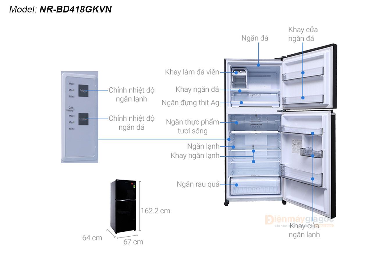 Tủ lạnh Panasonic ngăn đá trên 2 cửa Inverter 363 lít NR-BD418GKVN