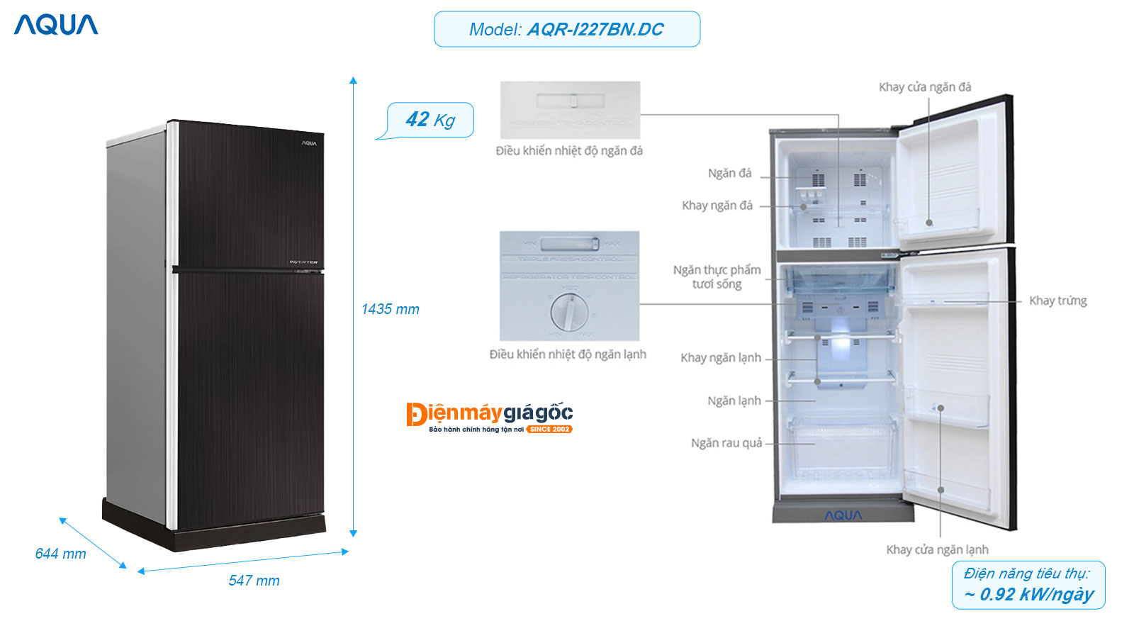Tủ lạnh Aqua ngăn đá trên 2 cửa Inverter 204 lít AQR-I227BN.DC