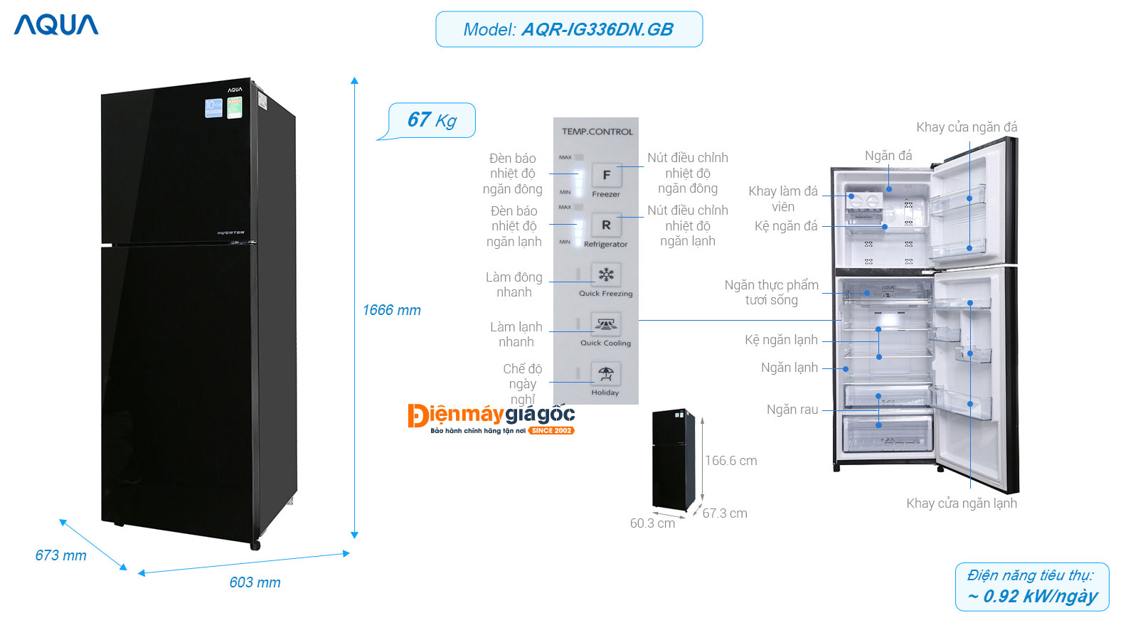 Tủ lạnh Aqua ngăn đá trên 2 cửa Inverter 327 lít AQR-IG336DN.GB