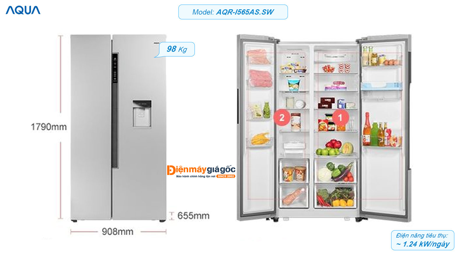Tủ lạnh Aqua Side by side 2 cửa Inverter 557 lít AQR-I565AS.SW