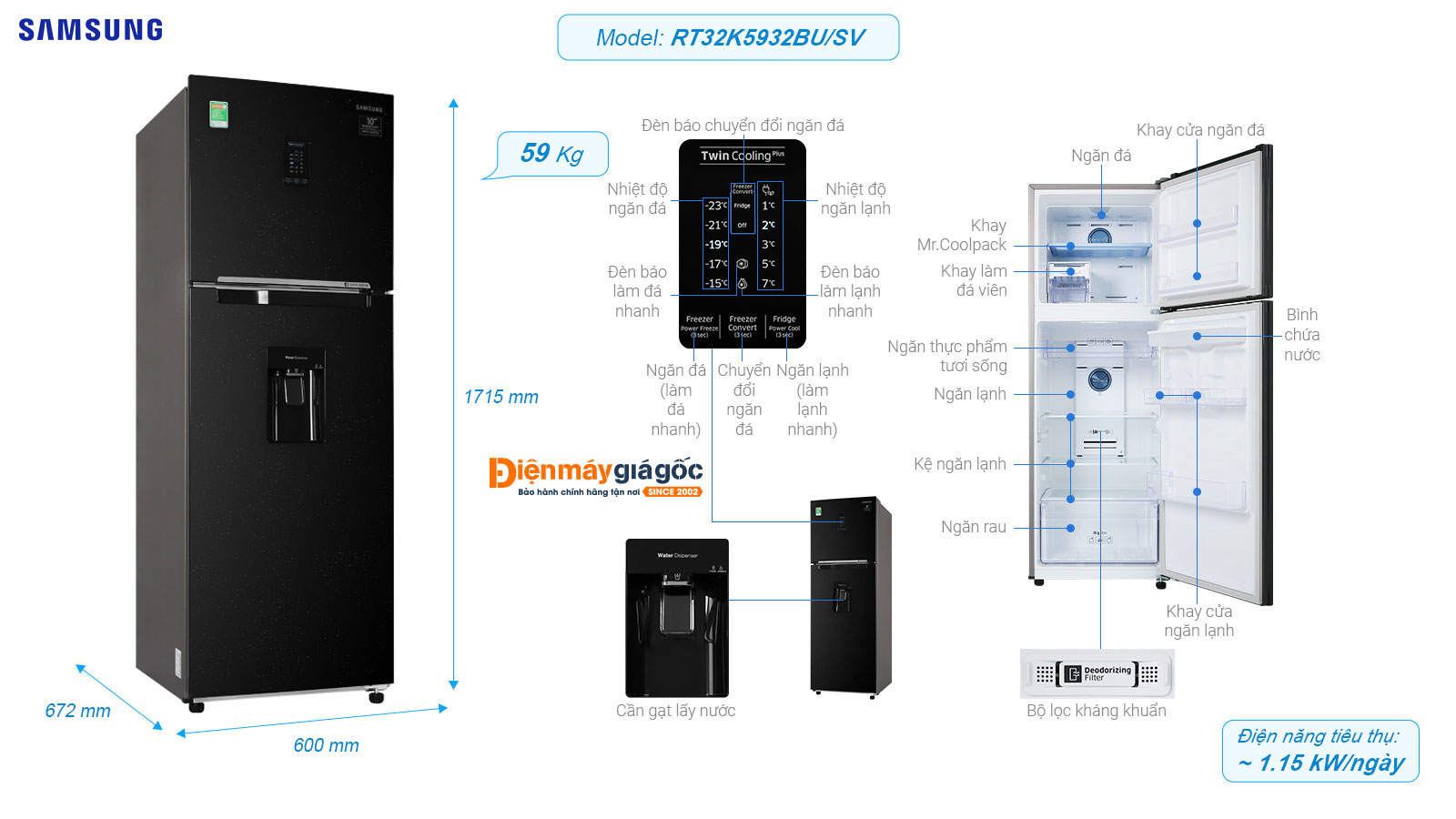 Tủ lạnh Samsung ngăn đá trên 2 cửa Inverter 319 lít RT32K5932BU/SV