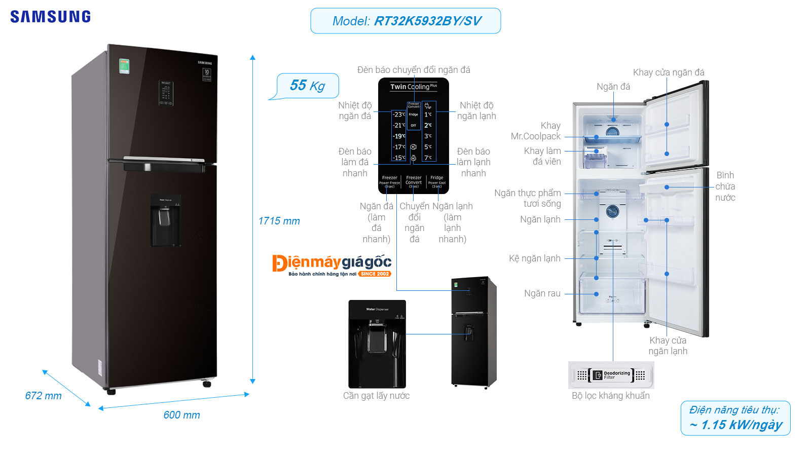Tủ lạnh Samsung ngăn đá trên 2 cửa Inverter 319 lít RT32K5932BY/SV