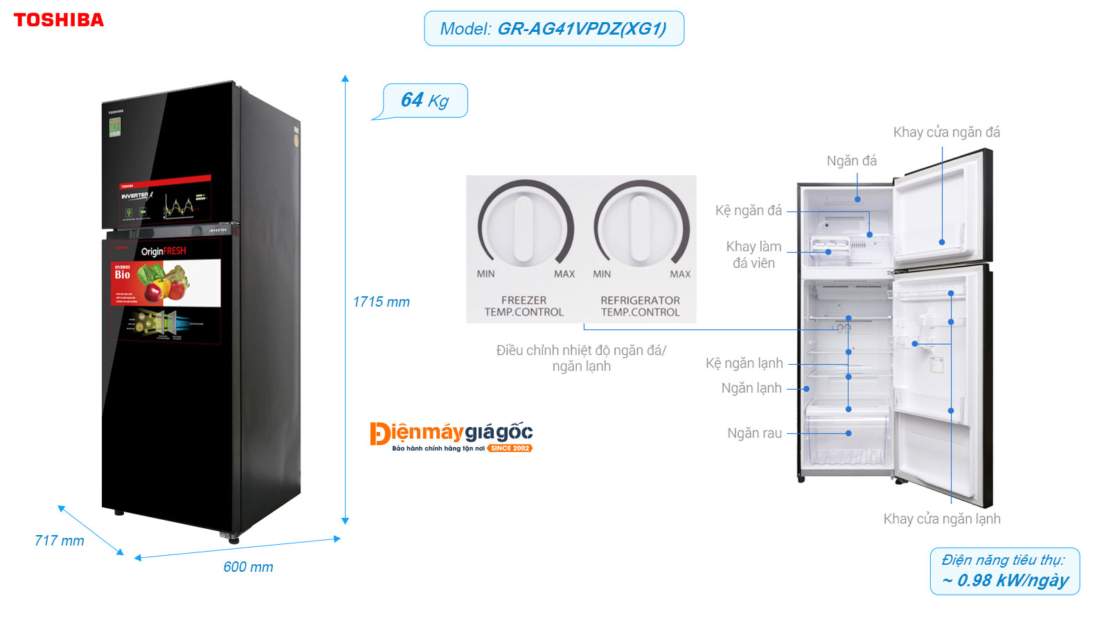 Tủ lạnh Toshiba ngăn đá trên 2 cửa Inverter 330 lít GR-AG39VUBZ(XK1)