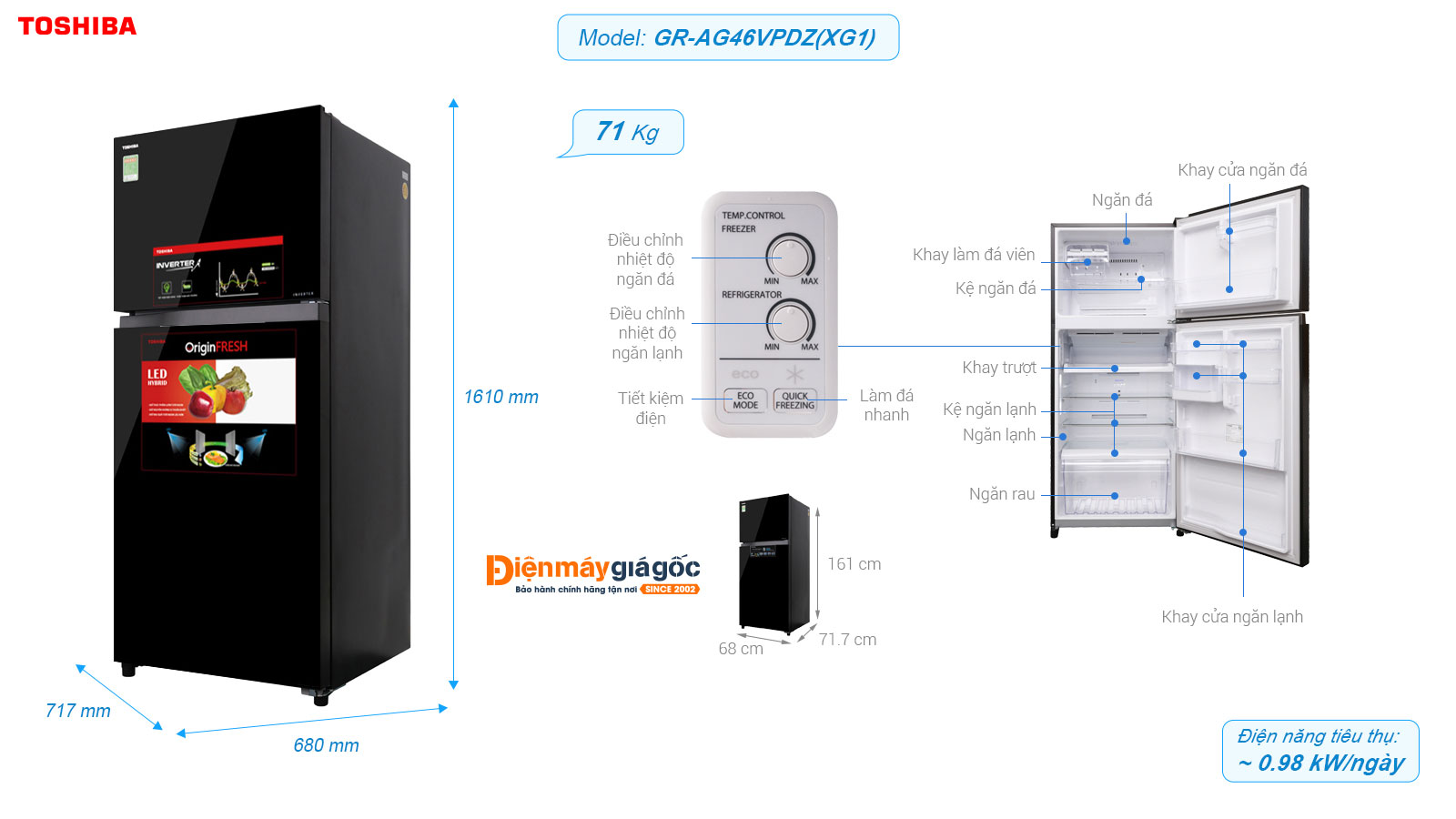 Tủ Lạnh Toshiba ngăn đá trên 2 cửa Inverter 359 Lít GR-AG41VPDZ(XK1)