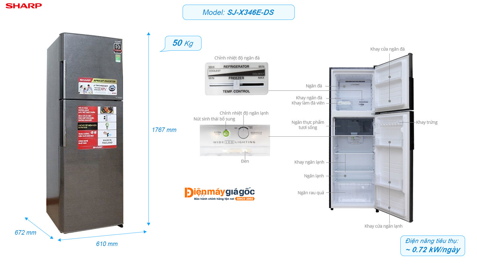 Tủ lạnh Sharp ngăn đá trên 2 cửa inverter 342 lít SJ-X346E-DS