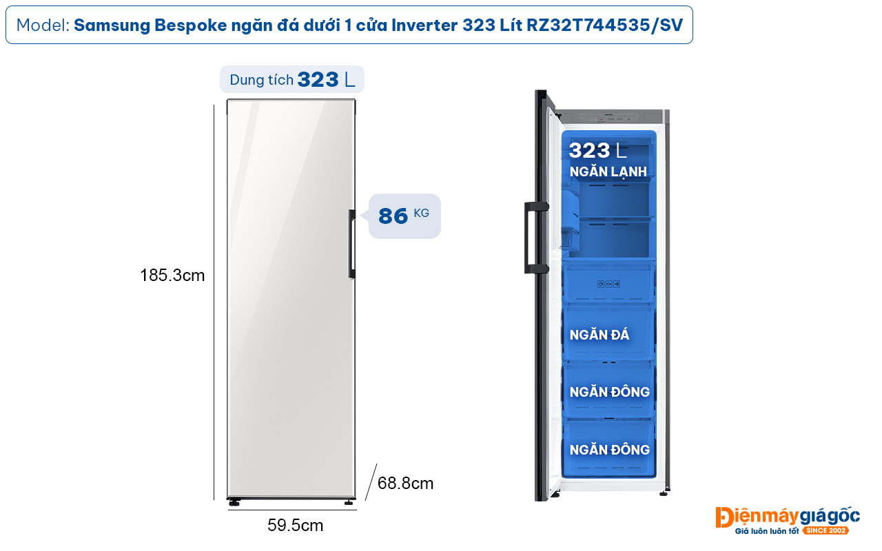 Tủ lạnh Samsung Bespoke ngăn đá dưới 1 cửa Inverter 323 Lít RZ32T744535/SV