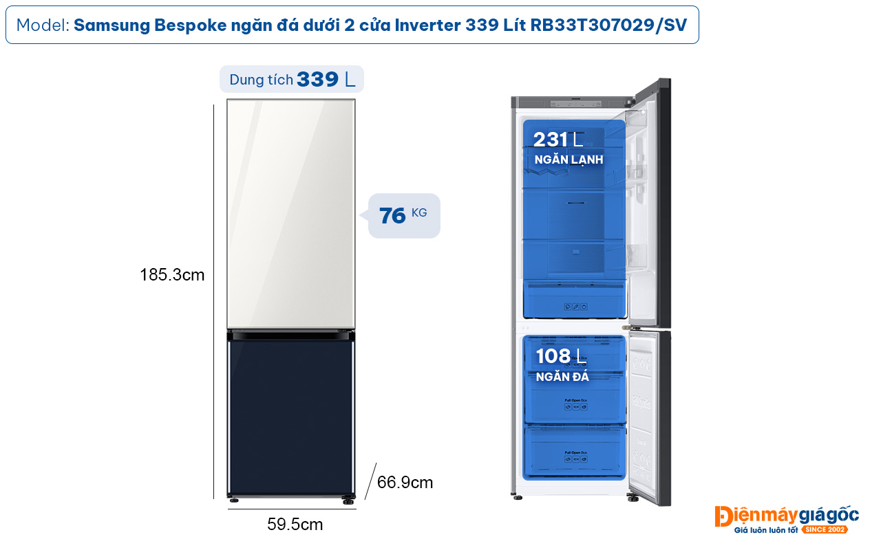 Tủ lạnh Samsung Bespoke ngăn đá dưới 2 cửa Inverter 339 Lít RB33T307029/SV
