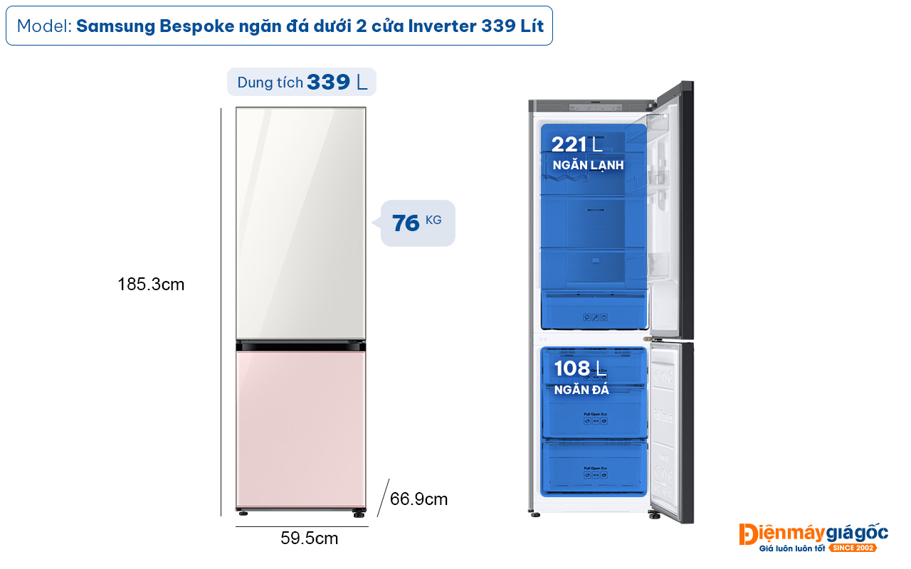 Tủ lạnh Samsung Bespoke ngăn đá dưới 2 cửa Inverter 339 Lít RB33T307055/SV