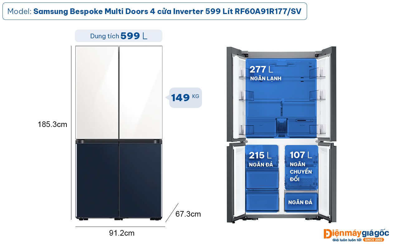 Tủ lạnh Samsung Bespoke Multi Doors 4 cửa Inverter 599 Lít RF60A91R177/SV