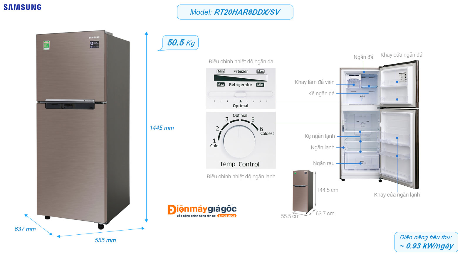 Tủ lạnh Samsung ngăn đá trên 2 cửa Inverter 208 lít RT20HAR8DDX/SV