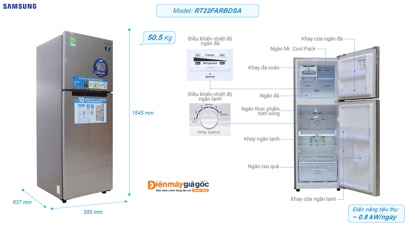 Tủ lạnh Samsung ngăn đá trên 2 cửa inverter 234 lít RT22FARBDSA