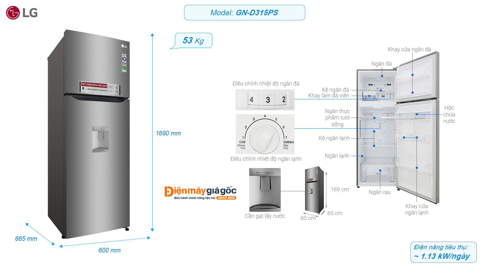 Tủ lạnh LG ngăn đá trên 2 cửa Inverter 315 lít GN-D315PS
