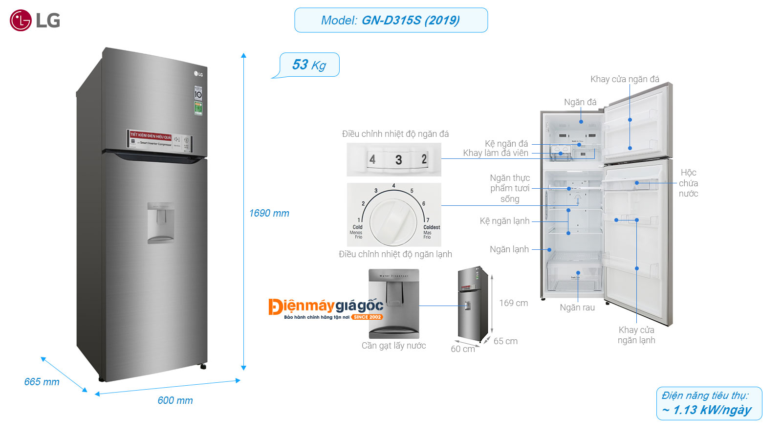 Tủ lạnh LG ngăn đá trên 2 cửa Inverter 315 lít GN-D315S (2019)