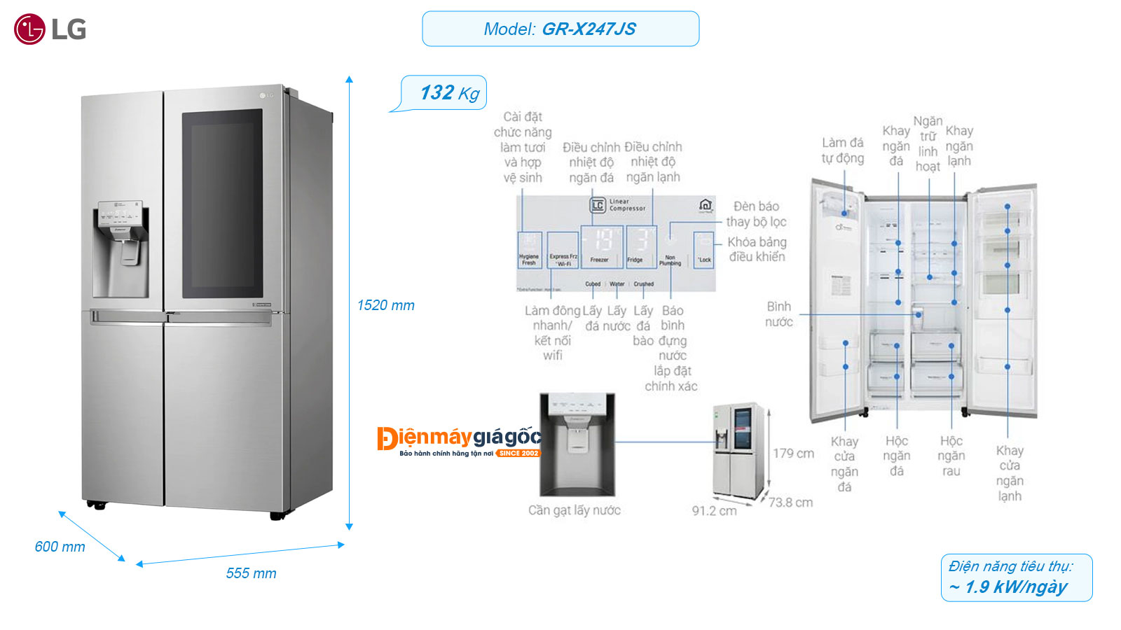 Tủ lạnh LG Door-in-Door Inverter 601 lít GR-X247JS chính hãng