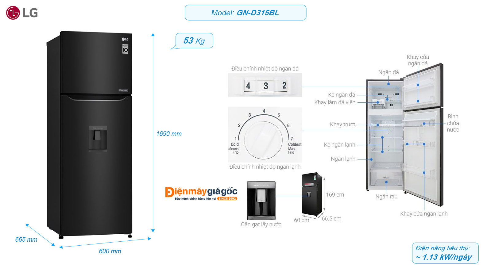 Tủ lạnh LG ngăn đá trên 2 cửa Inverter 315 lít GN-D315BL