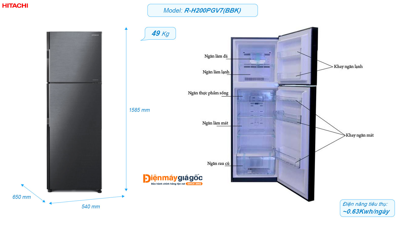 Tủ lạnh Hitachi ngăn đá trên 2 cửa Inverter 203 lít R-H200PGV7(BBK)