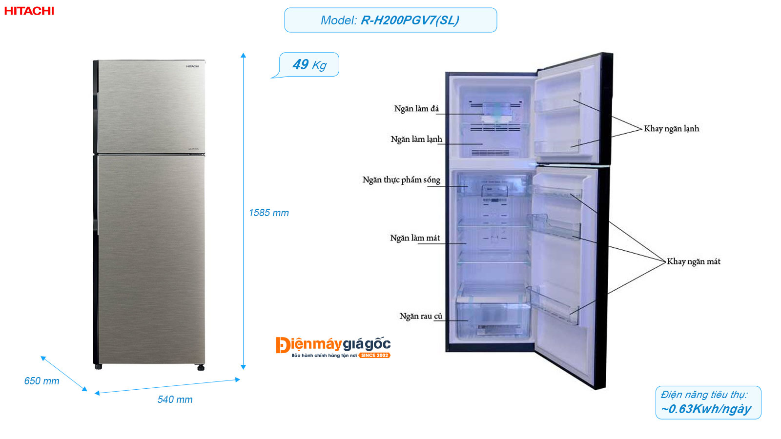 Tủ lạnh Hitachi ngăn đá trên 2 cửa Inverter 203 lít R-H200PGV7(SL)