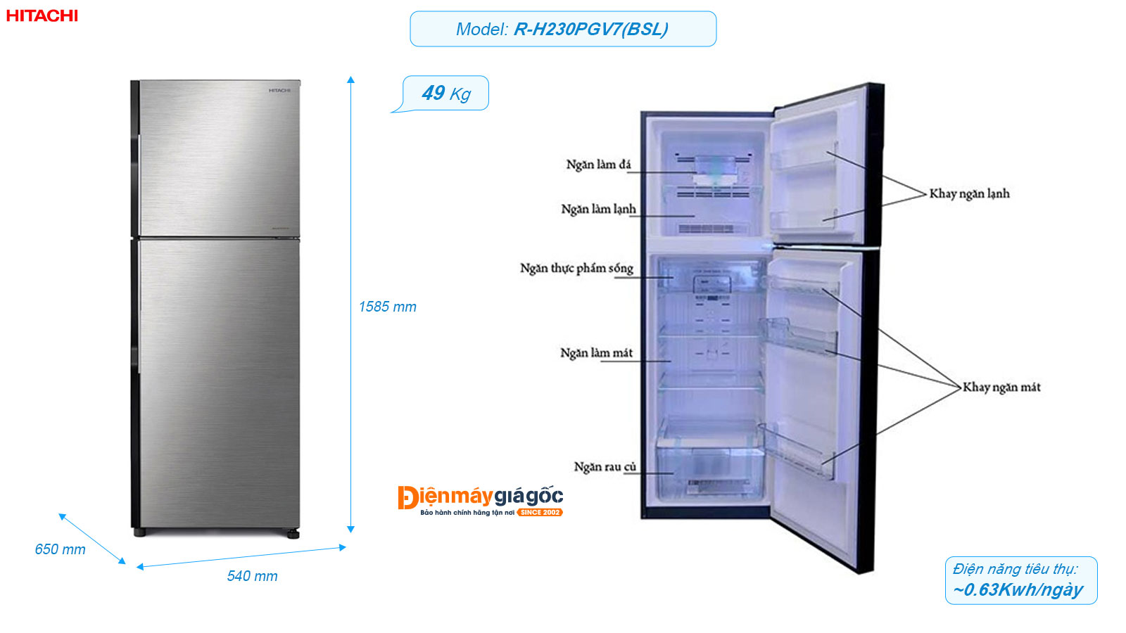 Tủ lạnh Hitachi ngăn đá trên 2 cửa Inverter 230 lít R-H230PGV7(BSL)