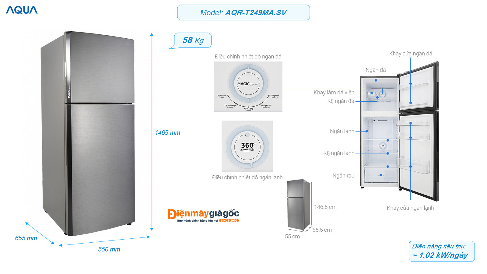 Tủ lạnh Aqua ngăn đá trên 2 cửa Inverter 235 lít AQR-T249MA.SV
