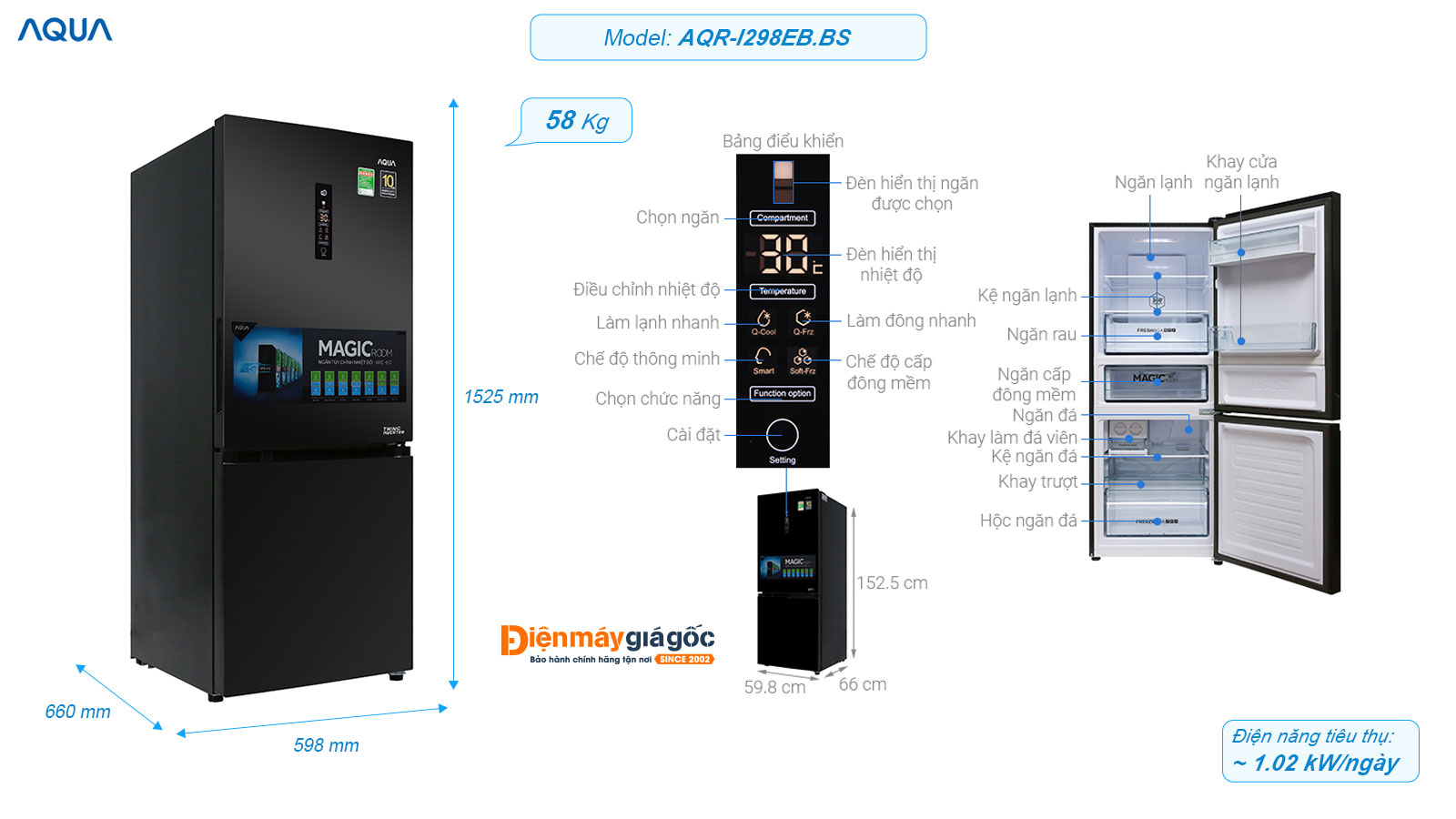 Tủ lạnh Aqua ngăn đá dưới 2 cửa Inverter 260 lít AQR-I298EB.BS
