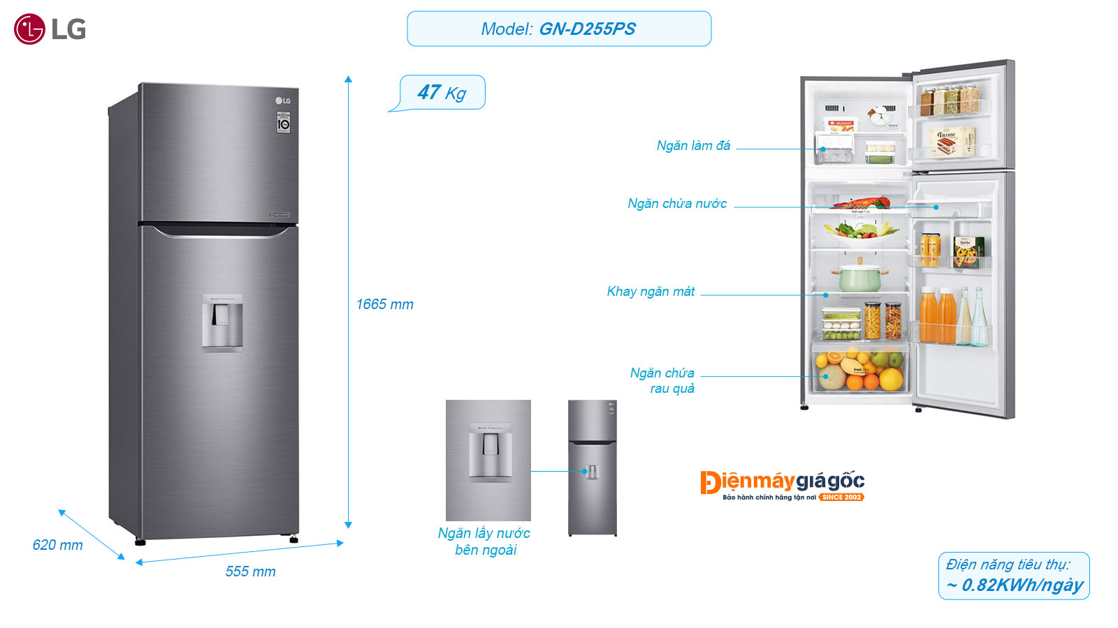 Tủ lạnh LG Ngăn đá trên 2 cửa Inverter 255 lít GN-D255PS
