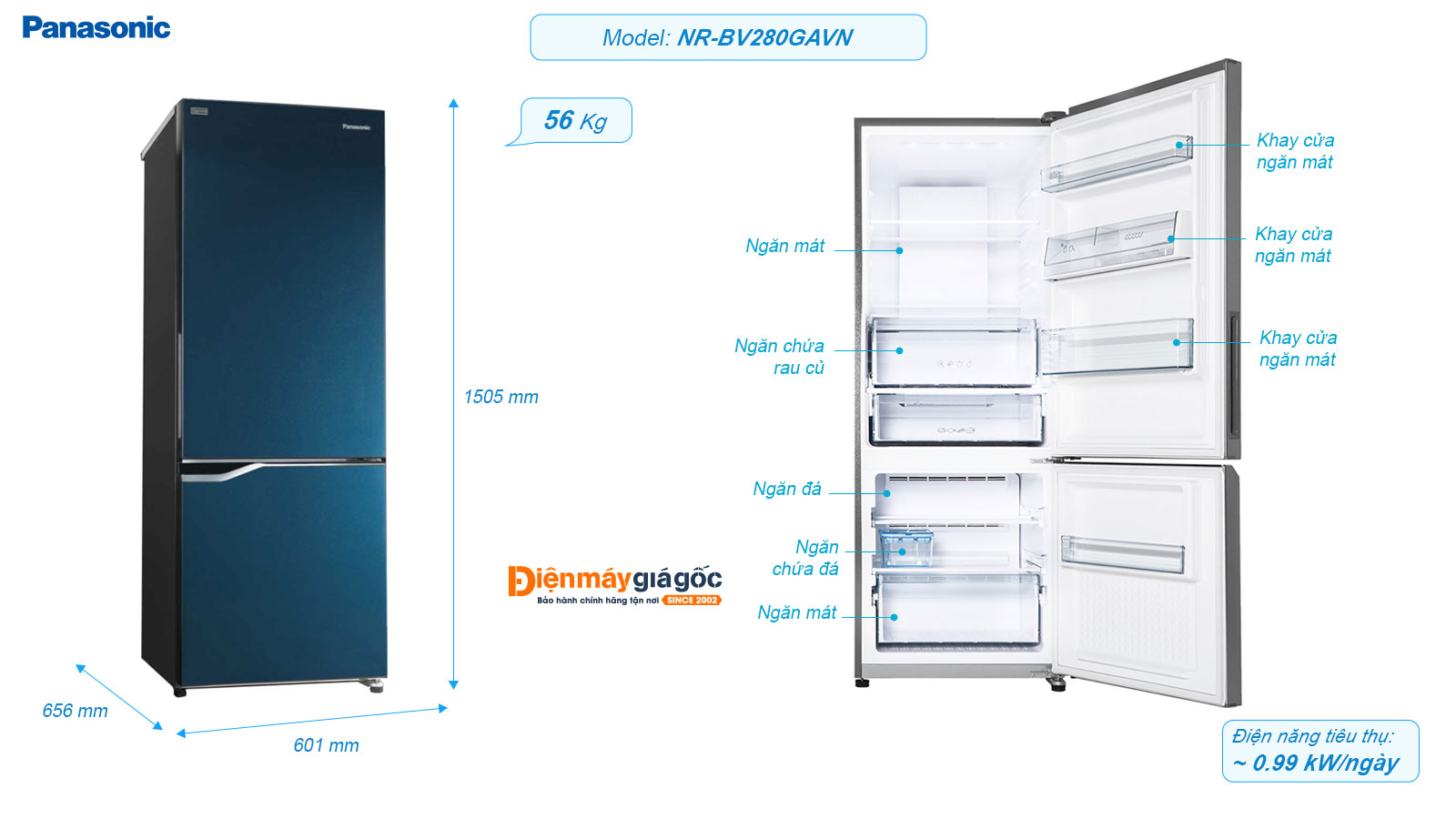 Tủ lạnh Panasonic ngăn đá dưới 2 cửa Inverter 255 lít NR-BV280GAVN