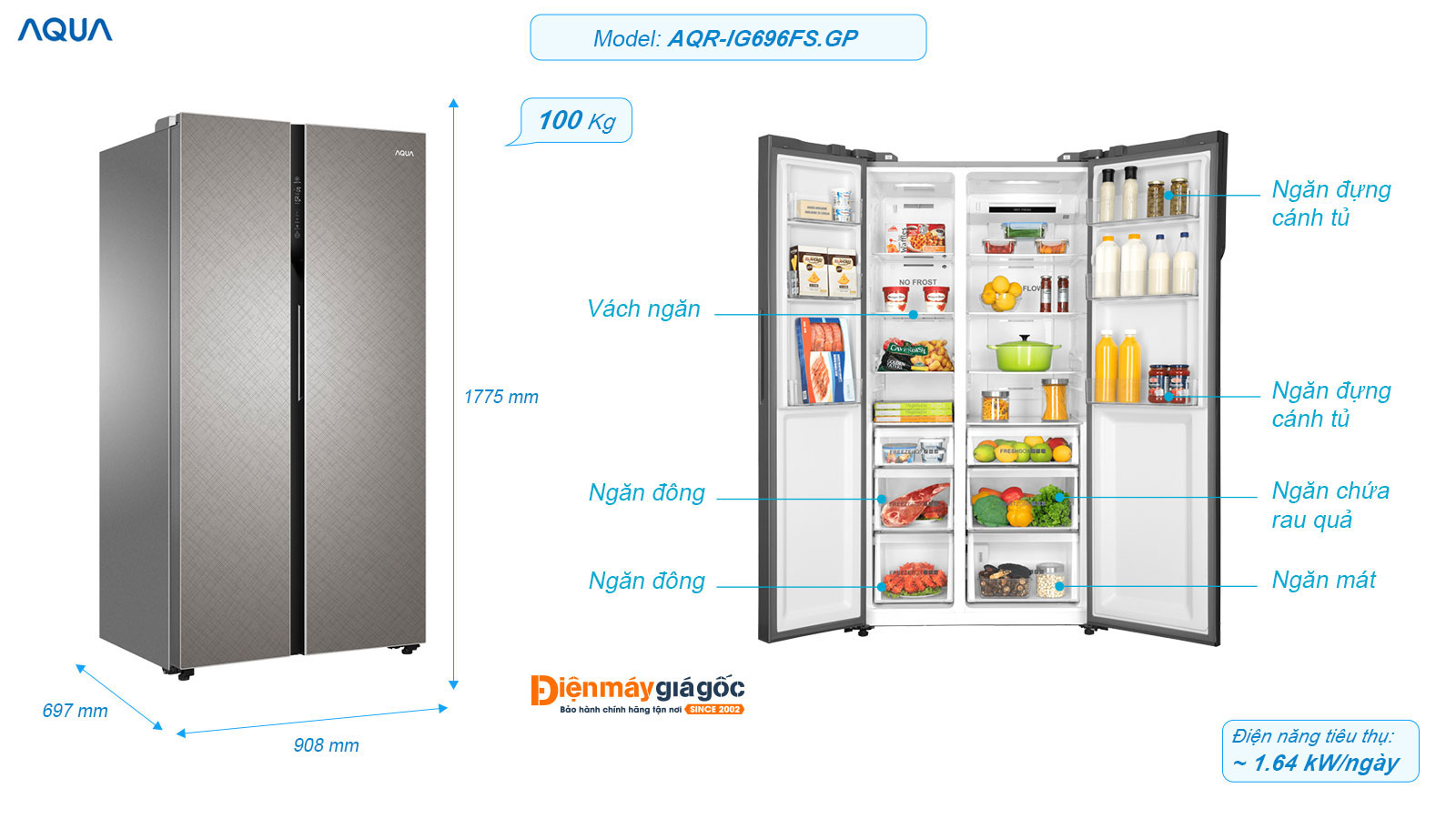 Tủ lạnh Aqua Side by side 2 cửa Inverter 576 lít AQR-IG696FS.GP