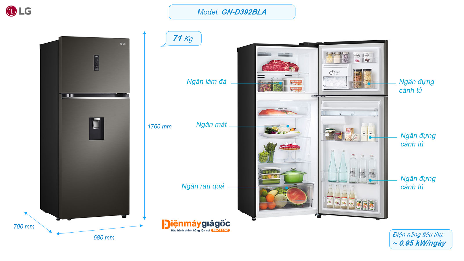 LG Top-Freezer Refrigerator 2-door inverter 394 Liters GN-D392BLA