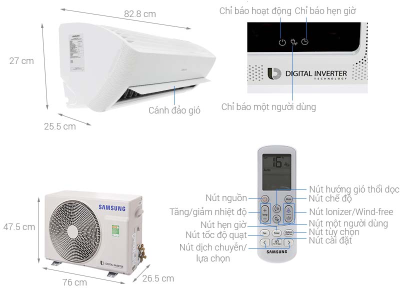 Thông số kỹ thuật Máy lạnh Samsung Inverter 1 HP AR10NVFXAWKNSV