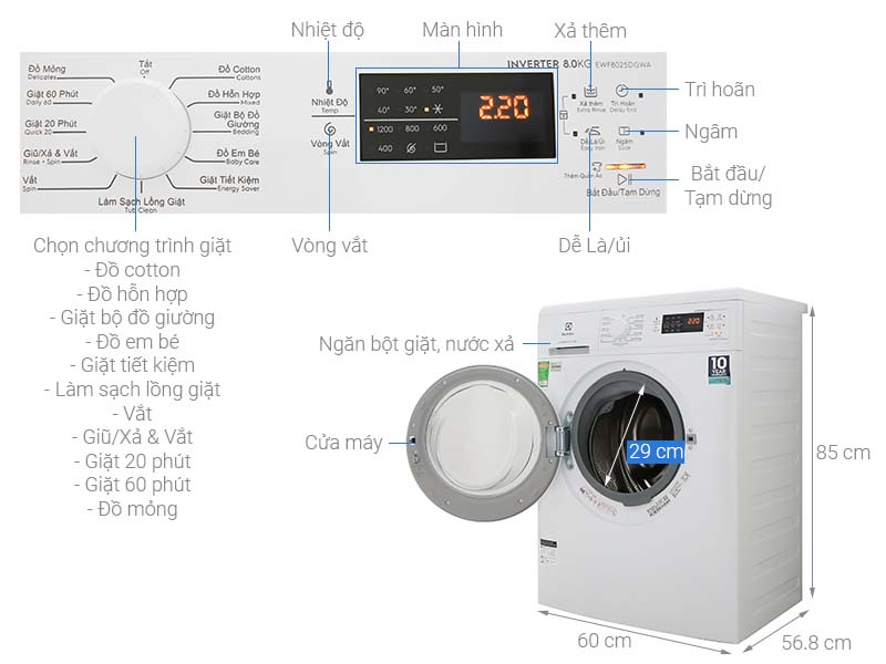 Thông số kỹ thuật Máy giặt Electrolux Inverter 8 Kg EWF8025DGWA
