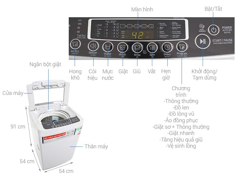 Thông số kỹ thuật Máy giặt LG Inverter 8 kg T2108VSPM