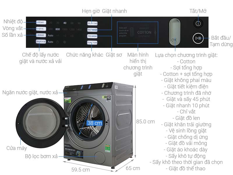 Thông số kỹ thuật Máy giặt sấy Toshiba Inverter 8 Kg TWD-BH90W4V (SK)