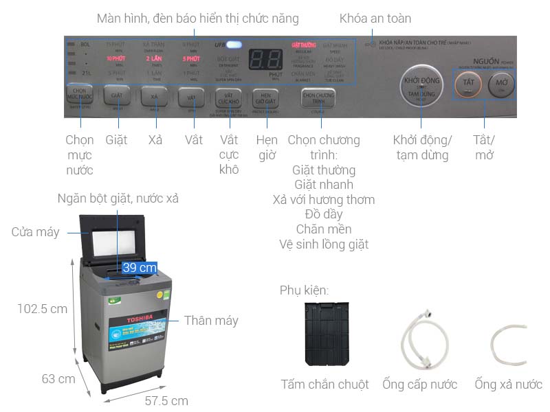 Thông số kỹ thuật Máy giặt Toshiba Inverter 10.5 Kg AW-UH1150GV DS