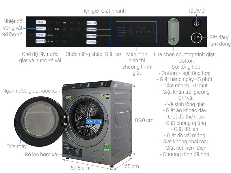 Thông số kỹ thuật Máy giặt Toshiba Inverter 10.5 Kg TW-BH115W4V (SK)