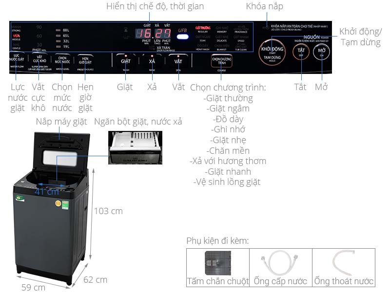 Thông số kỹ thuật Máy giặt Toshiba Inverter 13 kg AW-DUJ1400GV KK