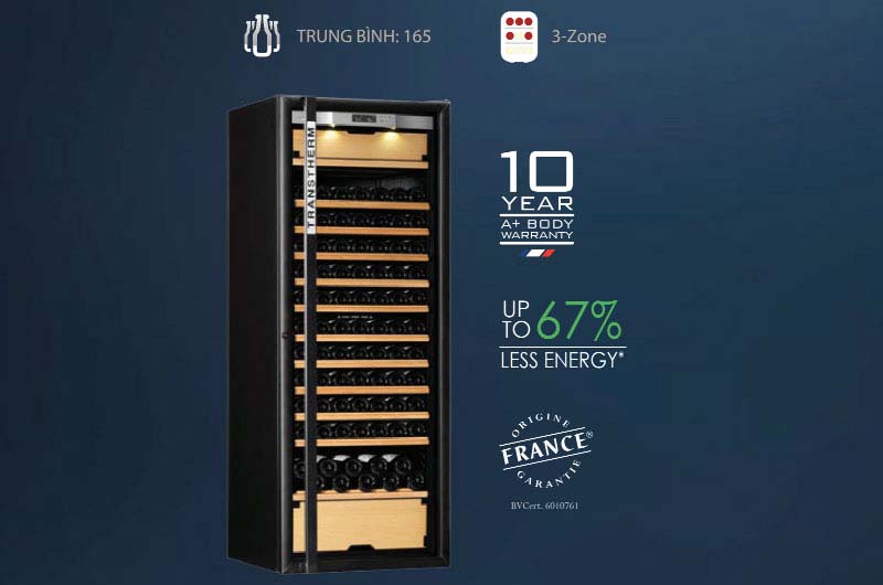 Loại tủ 3 vùng nhiệt độ với sức chứa trung bình 165 chai rượu (Bordeaux 750 ml)