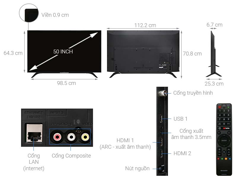 Thông số kỹ thuật Smart Tivi Sharp 50 inch 2T-C50AE1X