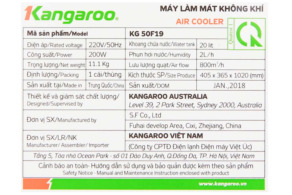 Công suất 200 W tạo hơi nước làm dịu không khí hiệu quả - Quạt điều hòa Kangaroo KG50F19