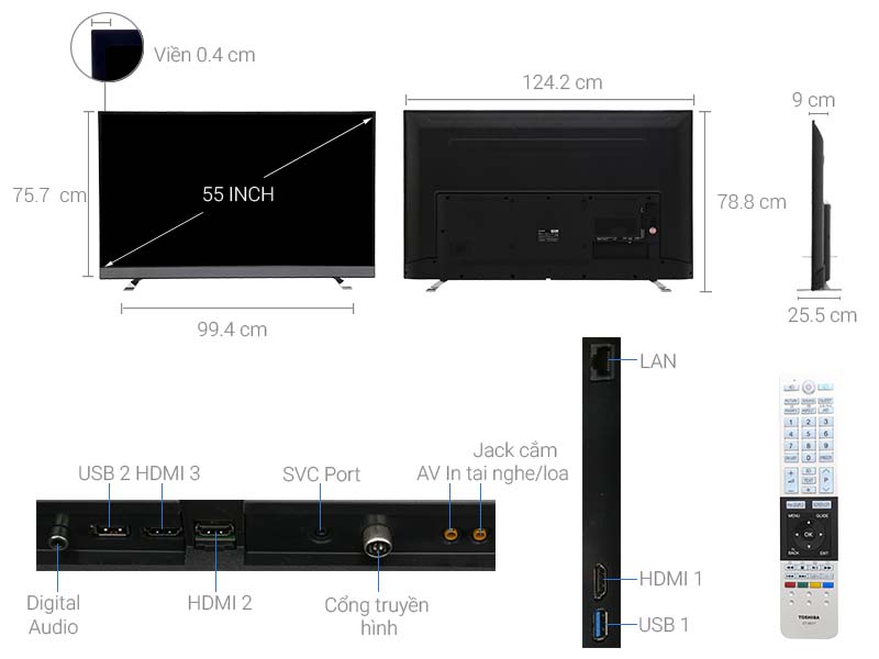Thông số kỹ thuật Smart tivi Toshiba 4K 55 inch 55U6750