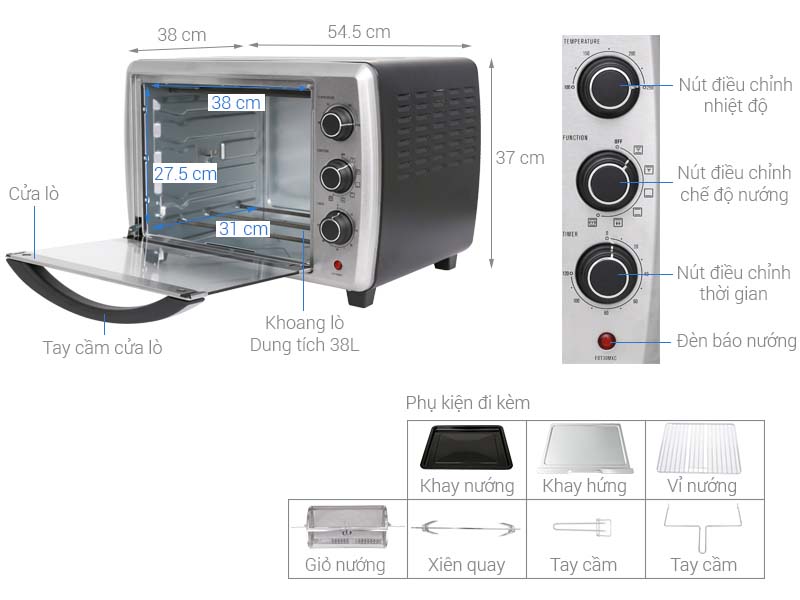 Thông số kỹ thuật Lò nướng Electrolux EOT38MXC 38 lít